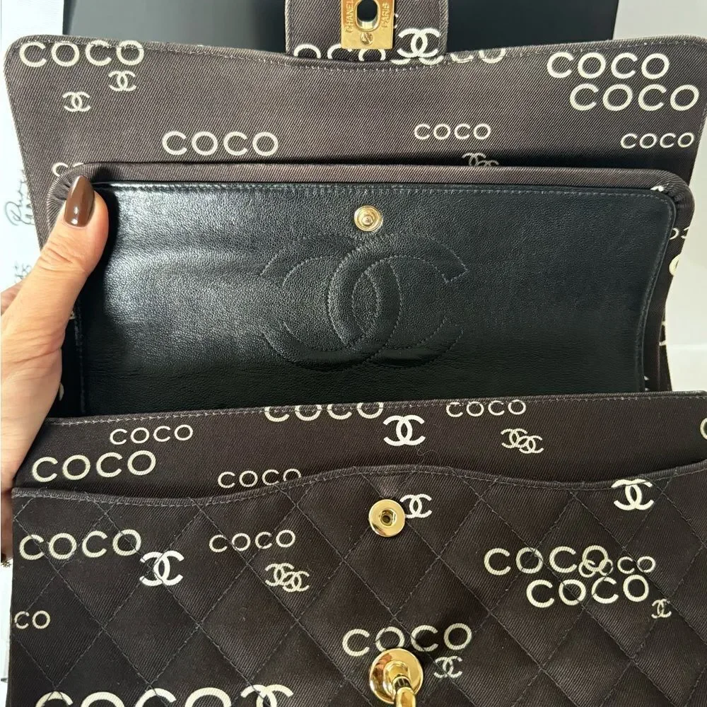 Chanel Canvas Coco Print Quilted Medium Classic Flap Double Flap Black White - Picture 15 of 16